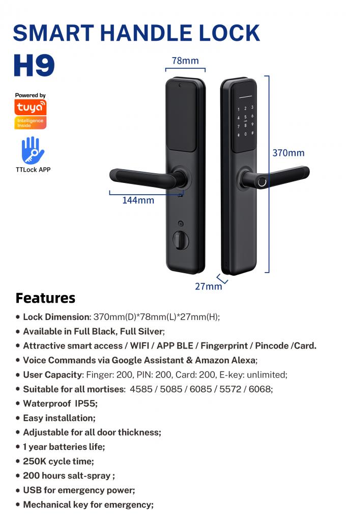 Tuya WiFiスマートな電気デジタルのドア ロックの防水指紋のドア ロック 6