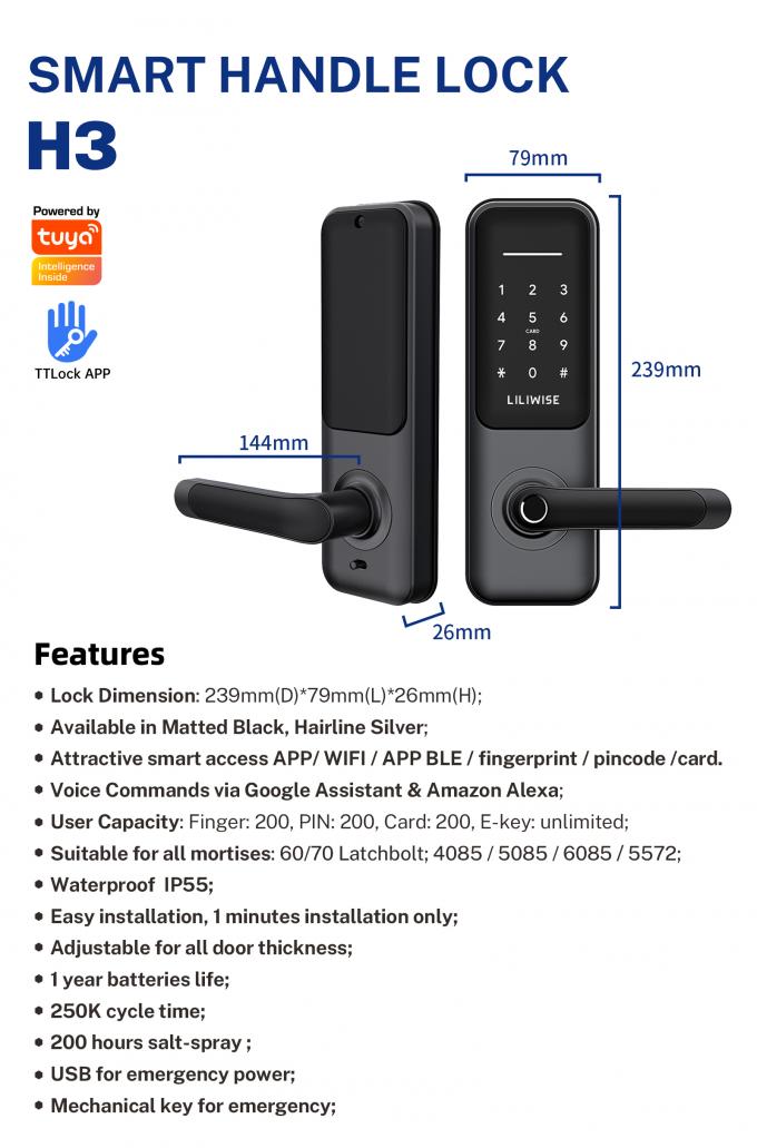 高い安全性の指紋のTtlockスマートなロックのTuya WIFI BLEデジタルのスマートなドア ロック 3